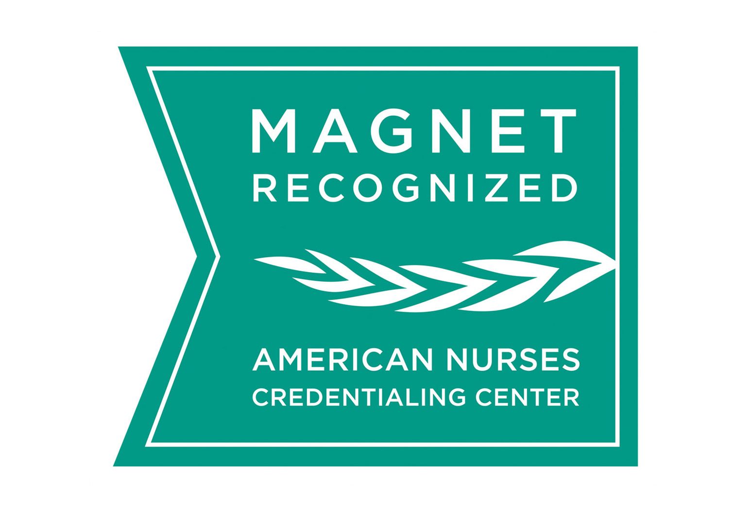 Logo with a green background and white text that says "Magnet recognized." There is a leaf symbol and under that, "American nurses credentialing center."